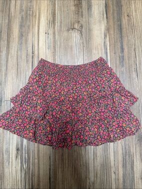 American Eagle Outfitters Pink and Red Floral Ruffle Mini Skirt